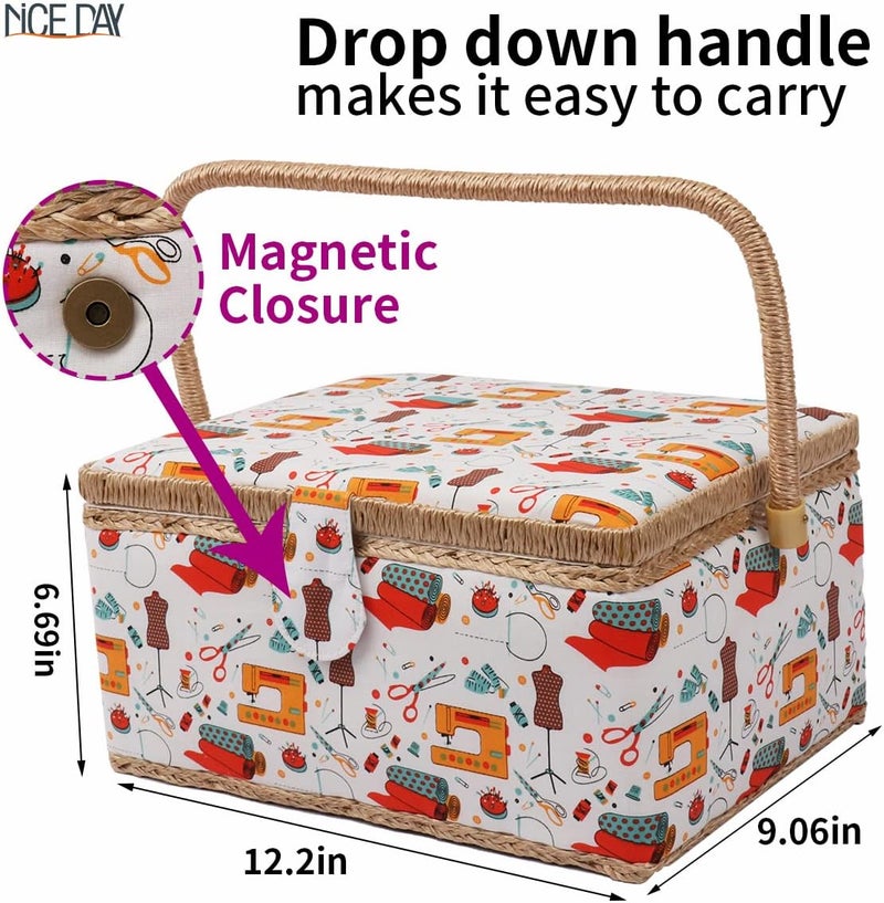 Nice Day Sewing Basket, Classic Fabric Design Sewing Kit Accessories Large Sewing Box Sewing Supplies Organizer and Storage Portable Sewing Kit Embroidery Box, 12.2 x 9.06 x 6.69 in（Big/Sewing Theme White） - Image 2